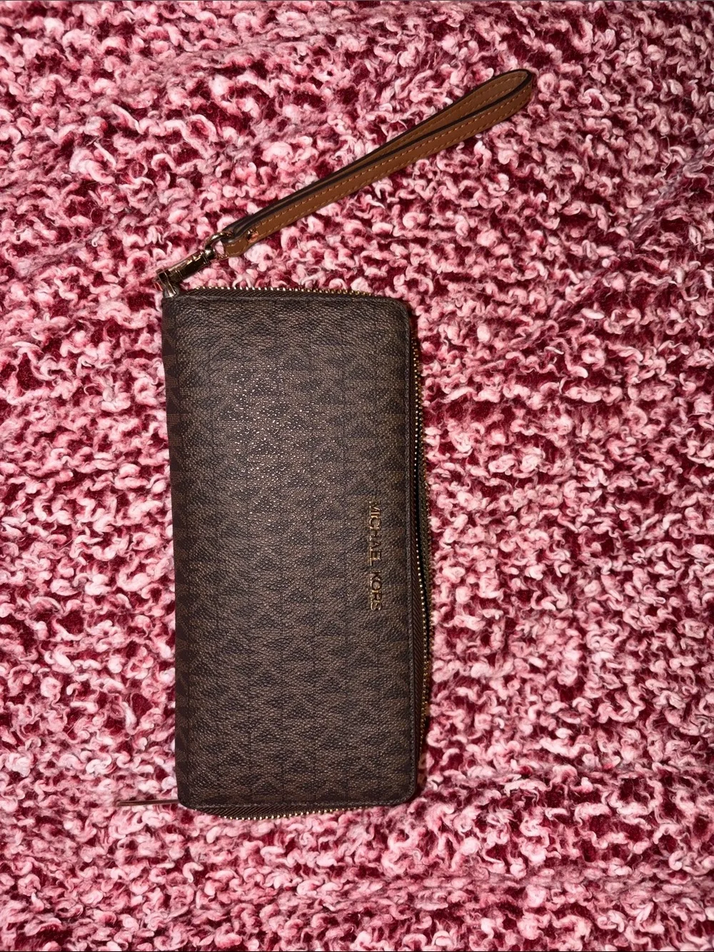 Michael Kors Brown Logo Zip Wristlet with Gold Hardware
